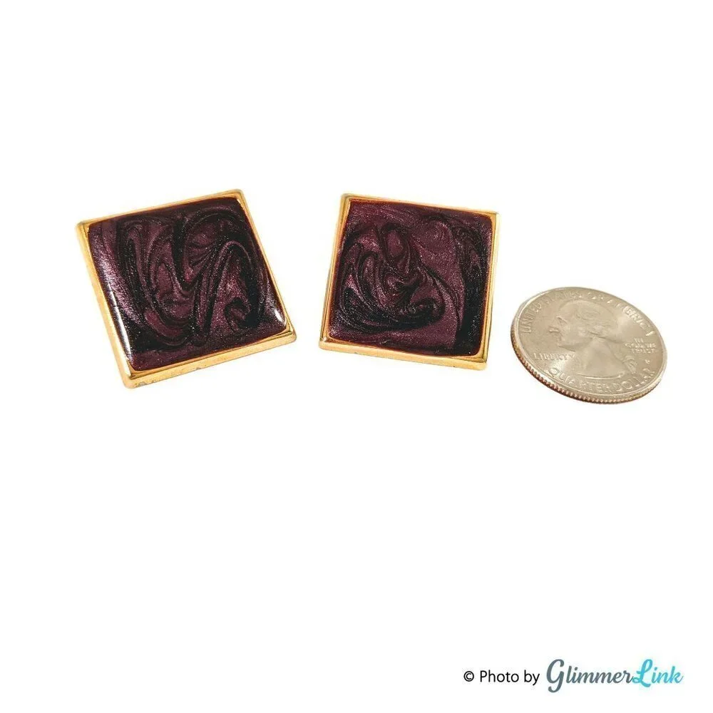 Vintage 1980s Geometric Square Purple Swirled Enamel Gold Tone Pierced Earrings